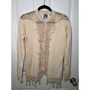 Storybook Knits Crochet Knit Cardigan Small Beige Button Up Doily Cottagecore